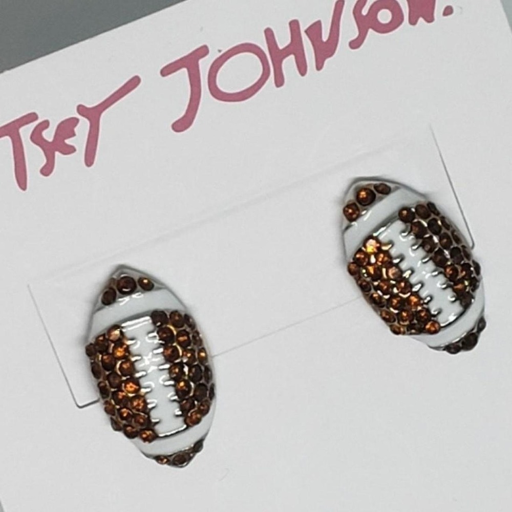Betsey Johnson  jeweled brown football  stud earrings silvertone cute